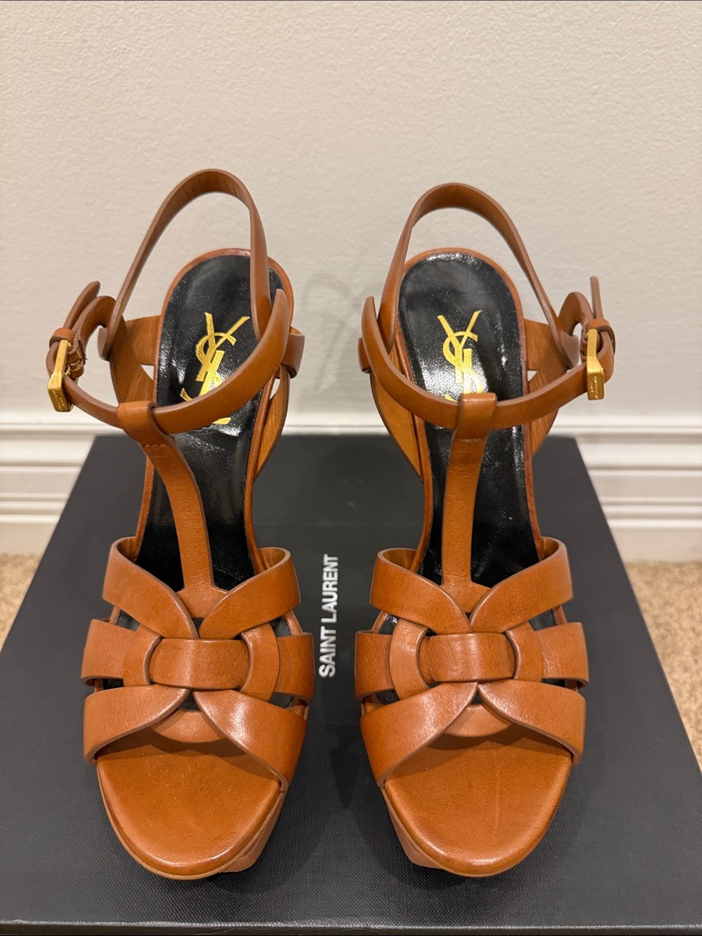 Saint Laurent Tribute 105 Camel Leather Platform Sandals Heels 37.5 Full Set - Picture 1 of 13
